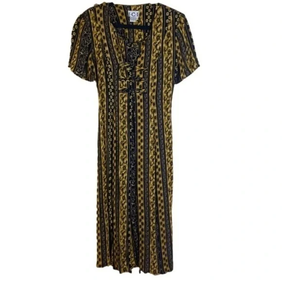 Batik Print Dress Boho Black Tan Small - Picture 1 of 11